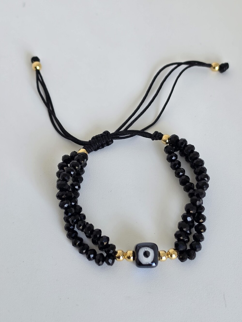 Handmade Black Crystal Evil Eye Adjustable Bracelet Gold Beaded Protection